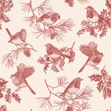 Warm red-toned seamless pattern with robins, holly, and pine branches. Vintage hand-drawn ink illustration for Christmas