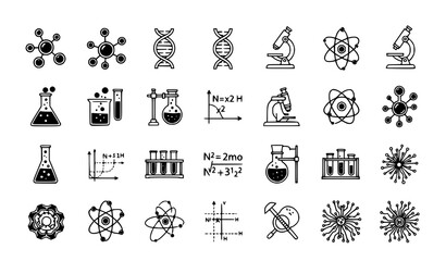 STEM Research Chemistry Biology Physics Black Glyph Vector Icons