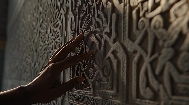 Hand Touching Intricate Carved Stone Wall.