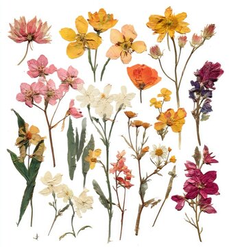 Assorted dried flower specimens of varying shapes and colors, arranged on a surface