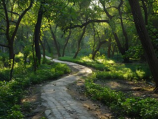Naklejka premium A serene dirt path winds through a lush, green forest filled with tall trees and dense foliage.