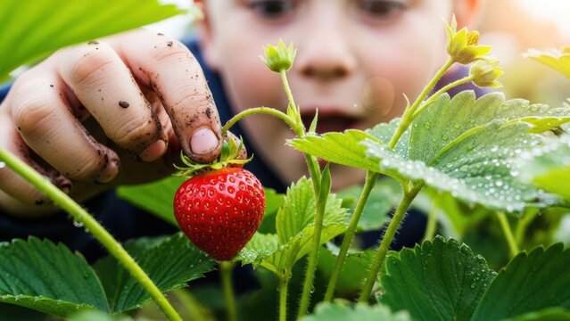 A child's sheer delight while harvesting their first homegrown strawberry. Extreme close-up on their muddy fingers pinching the bright red fruit, a look of awe on their face.