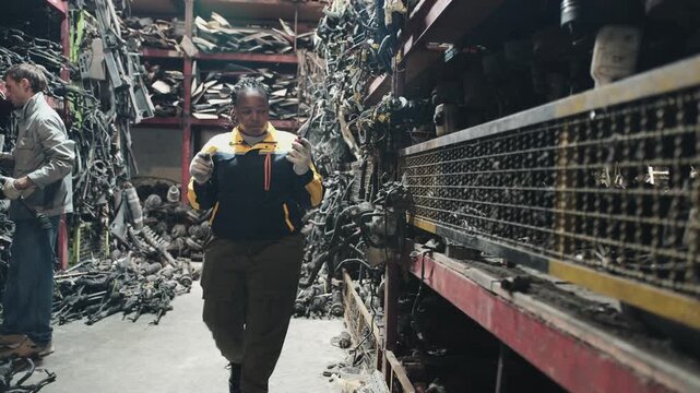 Black female supervisor manager checks auto spare parts stock storage with employee at stack warehouse, communicates job with walkie-talkie in manufacturing factory, and industrial worker occupation.