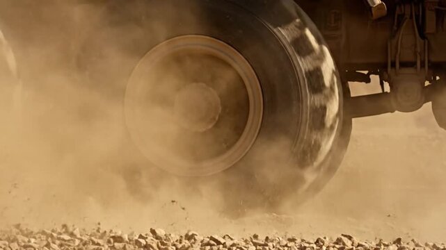 Aggressive Cinematic Slow Motion Truck Tire Spinning in Gravel and Kicking Up Thick Dust
