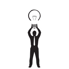 Male silhouette lifting giant lightbulb above head symbolizing breakthrough innovation big idea and hard work in professional career isolated on white background for business concepts and icons