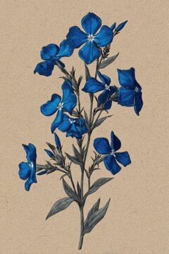 Vintage botanical illustration of vibrant blue phlox flowers on a tan backdrop