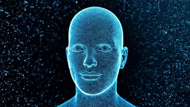 A blue-tinted digital illustration of a human head in profile, composed of tiny particles and pixels, against a dark background with dynamic light streaks