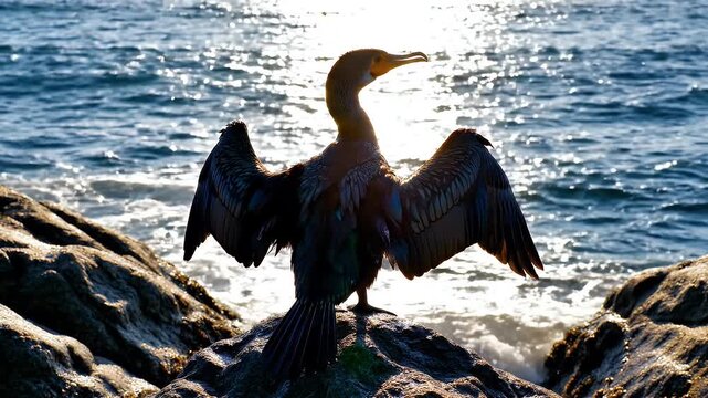 Cormorant Drying Wings in Sunlight - A black cormorant stands on a rocky shore, spreading its wings to dry in the sunlight. The sparkling blue sea provides a scenic backdrop.