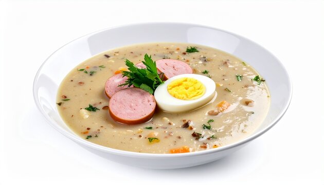 traditional polish zurek sour rye soup with boiled egg