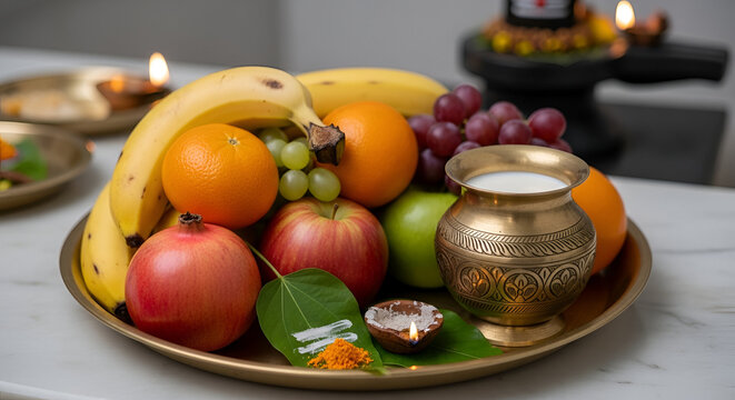 Fresh fruits with brass pot traditional offering still life