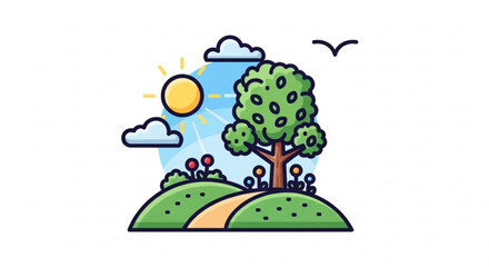 Sunny landscape with tree flowers and winding path under blue sky