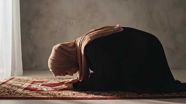 Woman Praying on Prayer Rug in Humble Devotion, Spiritual Moment of Reflection