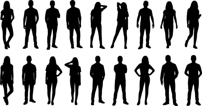 Vector silhouettes man and women, illustration. Silhouettes of young people posing in casual clothes. Transparent background EPS version.