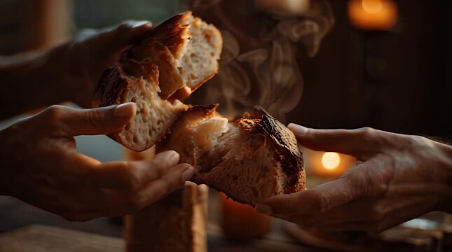Breaking Bread in Candlelit Ambiance.
