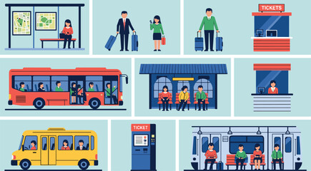 Public transport vector illustration set, bus stop passengers, ticket counter, subway train, travel people characters, urban mobility flat design concept © Itz Marjia