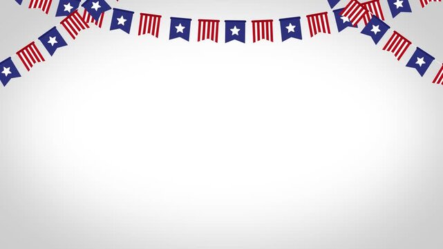 Patriotic american decorative flag with red stripes and white stars on a blue background hanging on a clean white backdrop.