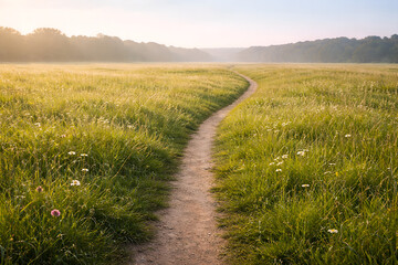 Curved walking path through green meadow in soft daylight