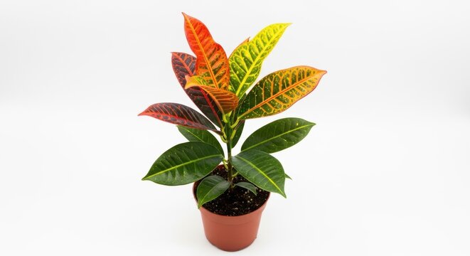 Vibrant croton plant in terracotta pot on white background