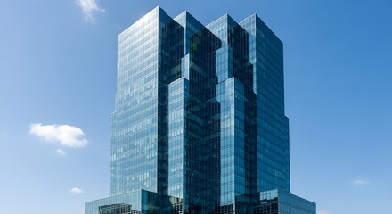 Fototapeta premium Modern Glass Corporate Tower with Reflective Facade and Blue Sky Background
