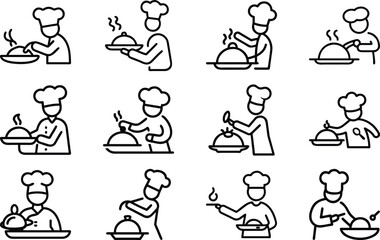 Obraz premium Culinary Craft: A collection of meticulously crafted, minimalist line art depicting chefs in various stages of food preparation, each exuding expertise and passion in their craft.