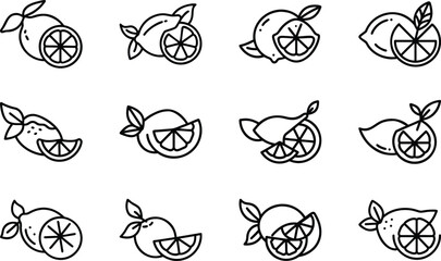 Citrus Freshness: A collection of meticulously crafted line art illustrations showcasing the vibrant allure of lemon, both whole and sliced.