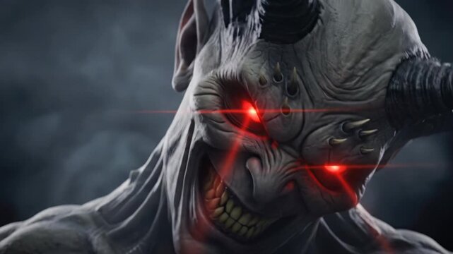 Terrifying Demon with Glowing Red Eyes and Horns Close-up Horror Face