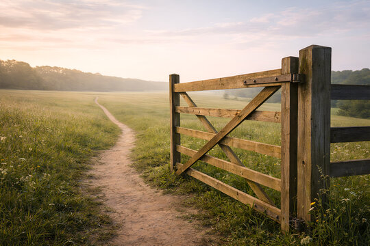 Open wooden gate beside narrow path in green meadow at sunrise