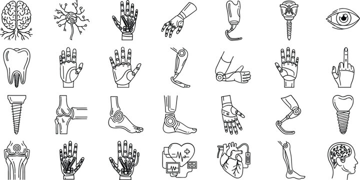 Medical Prosthetics and Bionic Limb Icon Set Featuring Artificial Organs Mechanical Hands Robotic Legs Dental Implants and Neural Interface Symbols for Biotechnology and Healthcare Designs