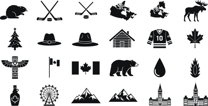Canada National Symbols Icon Set Featuring Maple Leaf Ice Hockey Sticks Beaver Moose Totem Pole Canadian Flag and Famous Landmarks for Travel and Culture Designs
