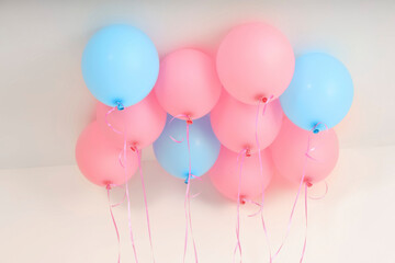Fototapeta premium Pink and blue balloons hang, festive vibe, isolated on white, PNG