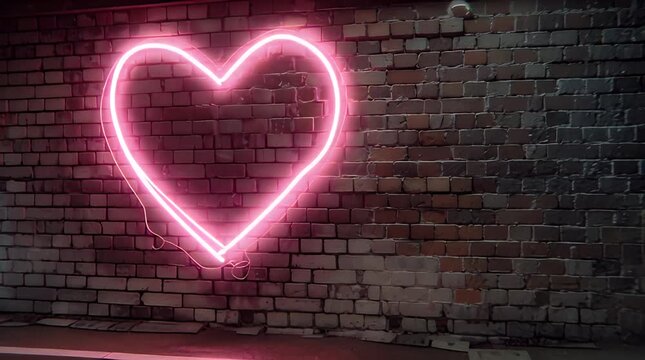 Neon Heart Sign on Brick Wall.