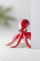 red cartoon octopus peeking behind a white wall, a cute and funny character, on a white background