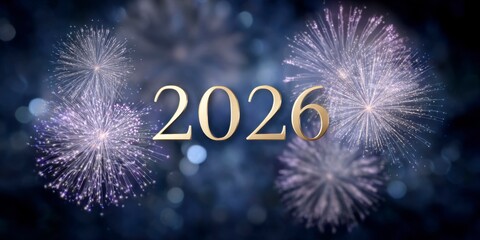2026, golden text, glowing light effect, dark blue background with fireworks