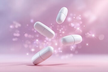 white pills floating in the air against a pink background with glowing stars, soft and light tones