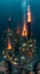 Mystical Underwater City with Glowing Towers of Light.