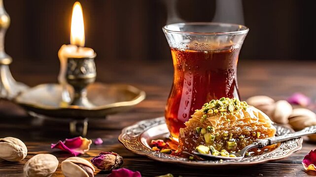 Aesthetic arrangement of tea, baklava, nuts, and a candle in a warm setting, creating a cozy