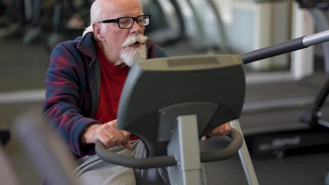 Elderly man works out on rowing machine in gym to stay fit and active. He focuses on his exercise routine and health goals.