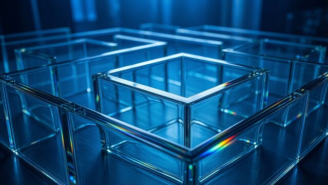 Transparent Glass Cubes in Blue Light Array
