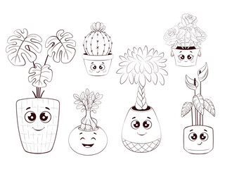 Smiling potted plants with playful faces, line art collection featuring cactus, succulent, monstera and tiny