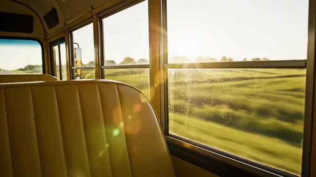 Point of view shot from an empty seat inside a moving school bus looking out the large window at sunlight streaming across green suburban fields quiet, school, route