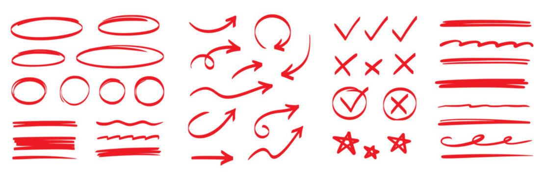 Hand drawn pen line highlight red set. Line red hand drawn pen marker stroke underline, arrow, check mark emphasis. Round oval, circle scribble frame, arrow elements . Vector illustration