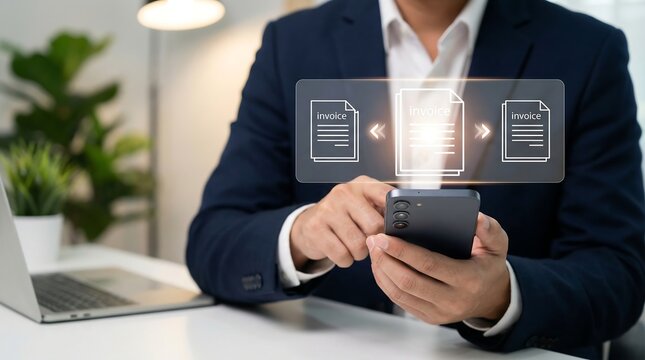 Businessman uses smartphone application for digital invoice processing and document transfer efficiency