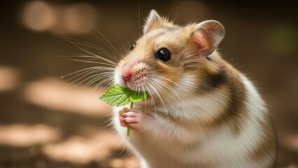 Obraz premium A close-up shot of a cute brown and white hamster holding a fresh green leaf with its tiny paws and eating it.