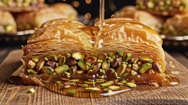 Baklava Dessert with Honey Drizzled on Top, Close Up, Food Photography