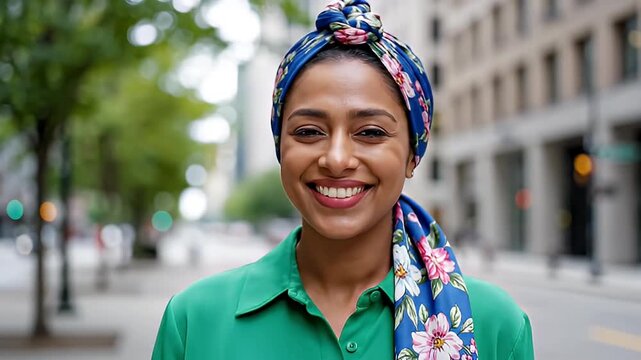 Beautiful woman in headscarf smiles outdoors in city setting