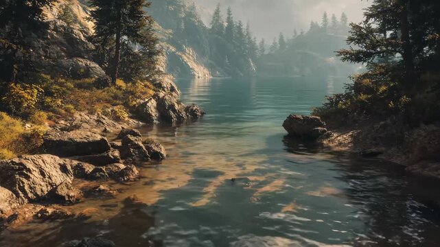 Scenic lake landscape, A serene lake reflecting the sky