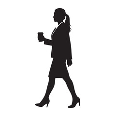 Business woman silhouette walking with coffee cup representing busy lifestyle morning routine professional career female empowerment work balance commuting to office and corporate success daily task