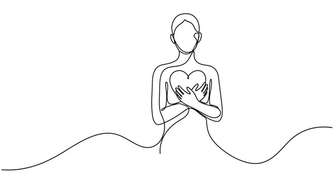 Person holding heart, self care and love, single line art