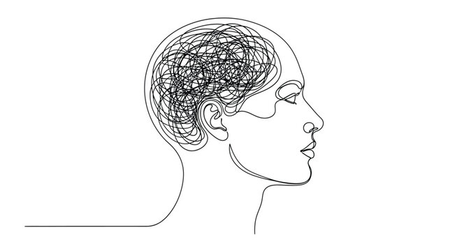 Profile of head with tangled brain in continuous line art