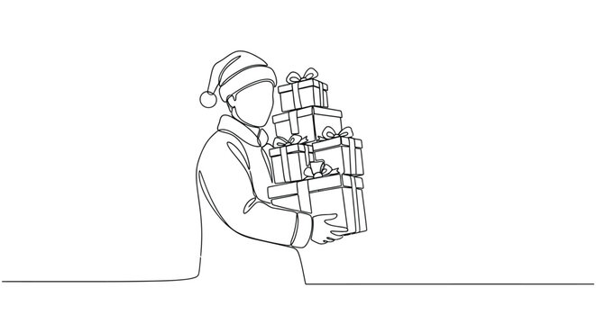 Man in Santa hat carrying a stack of gift boxes, single line art.